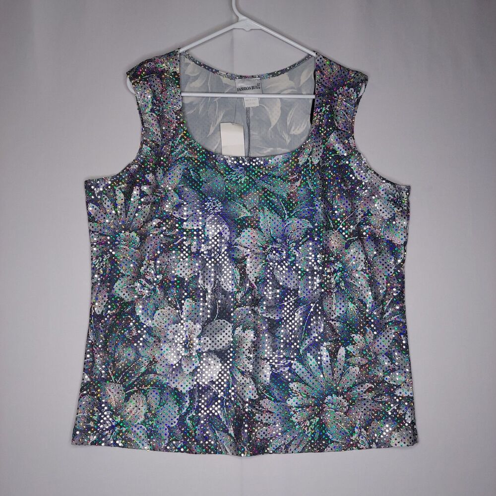 Fashion Bug 90s Tank Top Blue Sequin Floral Sparkle 18/20 Disco Glam Fairy Party